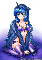 Size: 500x707 | Tagged: artist:racoonsan, bra, breasts, cleavage, clothes, derpibooru import, female, hoodie, horned humanization, human, humanized, kneeling, looking at you, midriff, panties, patreon, princess luna, simple background, smiling, socks, solo, solo female, suggestive, thigh highs, underwear, winged humanization, wings