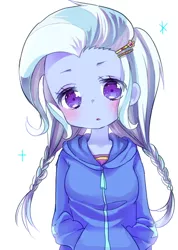 Size: 500x703 | Tagged: safe, artist:weiliy, derpibooru import, trixie, equestria girls, alternate hairstyle, barrette, blushing, braid, breasts, clothes, cute, daaaaaaaaaaaw, delicious flat chest, diatrixes, dress, female, flatrixie, hairclip, hairpin, hands in pockets, head tilt, hnnng, hoodie, looking at you, missing accessory, moe, open mouth, pigtails, ponytail, simple background, solo, sparkles, sweater, twin braids, twintails, weiliy is trying to murder us, white background