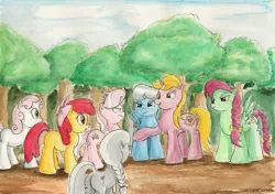 Size: 2311x1630 | Tagged: apple bloom, artist:souleatersaku90, commission, derpibooru import, diamond tiara, fanfic art, oc, safe, silver spoon, sweetie belle, the simple life, this will end in tears and/or death and/or covered in tree sap, traditional art, watercolor painting