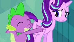 Size: 640x360 | Tagged: safe, derpibooru import, screencap, spike, starlight glimmer, pony, the crystalling, animated, butt grab, butt touch, cropped, eyes closed, female, frown, grope, hand on butt, mare, out of context, plot, smiling