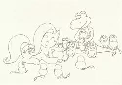 Size: 2194x1532 | Tagged: safe, artist:souleatersaku90, derpibooru import, fluttershy, croc, crossover, gobbos, traditional art, wip