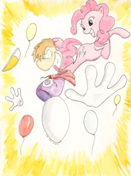 Size: 1649x2210 | Tagged: safe, artist:souleatersaku90, derpibooru import, pinkie pie, balloon, crossover, rayman, traditional art, watercolor painting