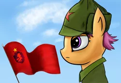 Size: 1600x1100 | Tagged: artist:bacbko, clothes, communism, cutie mark crusaders, derpibooru import, flag, red army, russian, safe, scootaloo, soviet, uniform