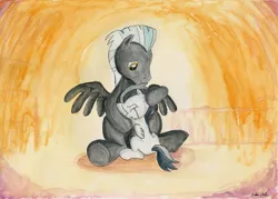 Size: 2306x1647 | Tagged: safe, artist:souleatersaku90, derpibooru import, rumble, thunderlane, pegasus, pony, fanfic, brothers, colt, comforting, commission, crying, duo, fanfic art, hug, male, sitting, stallion, the simple life, traditional art, underhoof, watercolor painting