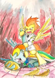 Size: 1639x2318 | Tagged: abuse, artist:souleatersaku90, blood, commission, dashabuse, derpibooru import, fanfic, fanfic art, fight, rainbow dash, safe, spitfire, the simple life, traditional art, violence, watercolor painting