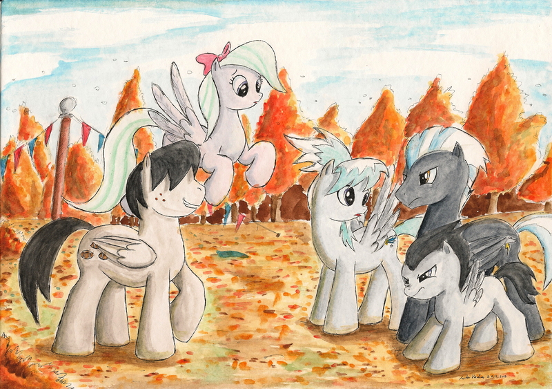 Size: 2335x1642 | Tagged: safe, artist:souleatersaku90, derpibooru import, cloudchaser, flitter, quarterback, rumble, thunderlane, pegasus, pony, colt, commission, fanfic art, female, male, mare, score, stallion, the simple life, traditional art, watercolor painting