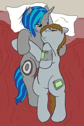 Size: 1067x1600 | Tagged: suggestive, artist:stonershy, derpibooru import, oc, oc:homage, oc:littlepip, unofficial characters only, pony, unicorn, fallout equestria, fanfic, bed, bedroom eyes, blushing, cutie mark, ear bite, fanfic art, female, hooves, horn, kissing, lesbian, mare, oc x oc, on back, pillow, pipbuck, shipping, teeth