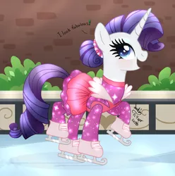 Size: 1020x1030 | Tagged: safe, artist:joakaha, derpibooru import, rarity, the gift of the maud pie, 2016, alternate hairstyle, clothes, dress, fabulous, ice, ice rink, ice skates, ice skating, manehattan, open mouth, scene interpretation, signature, solo