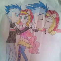 Size: 1406x1422 | Tagged: safe, artist:little-miss-oshawott, derpibooru import, flash sentry, sunset shimmer, equestria girls, female, flashimmer, kissing, male, shipping, straight, traditional art