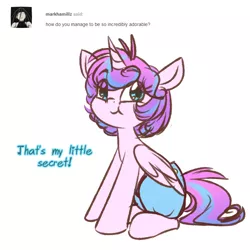 Size: 750x750 | Tagged: artist:its-gloomy, ask, cute, derpibooru import, dialogue, diaper, flurrybetes, flurryheart-babbles, looking at you, older, princess flurry heart, safe, simple background, solo, the crystalling, tumblr, white background