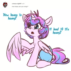 Size: 750x750 | Tagged: artist:its-gloomy, cute, derpibooru import, dialogue, diaper, flurrybetes, flurryheart-babbles, open mouth, princess flurry heart, safe, simple background, solo, the crystalling, tumblr, white background, wings