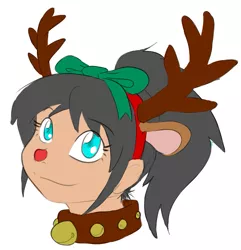 Size: 679x705 | Tagged: artist:dj-black-n-white, bow, christmas, clothes, collar, costume, cute, derpibooru import, female, hair bow, looking at you, oc, oc:mistake, offspring, parent:queen chrysalis, rudolph the red nosed reindeer, safe, satyr, smiling, solo, unofficial characters only