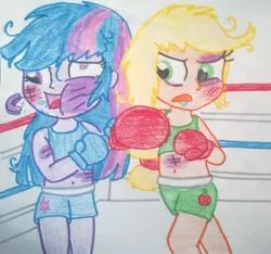 Size: 1825x1710 | Tagged: semi-grimdark, artist:toyminator900, derpibooru import, applejack, twilight sparkle, equestria girls, black eye, blood, boxing, boxing gloves, boxing ring, bruised