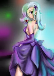 Size: 2480x3507 | Tagged: alcohol, artist:gunslingerpen, clothes, derpibooru import, dress, drink, evening gloves, food, gloves, human, humanized, safe, solo, trixie