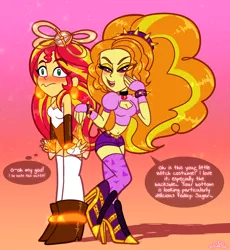 Size: 1588x1725 | Tagged: suggestive, artist:princesscallyie, derpibooru import, adagio dazzle, sunset shimmer, equestria girls, rainbow rocks, belly button, dialogue, female, humanized, leotard, lesbian, shipping, sunsagio, thong leotard