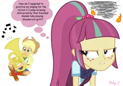 Size: 1024x716 | Tagged: safe, artist:haleyc4629, derpibooru import, applejack, sour sweet, equestria girls, friendship games, angry, dialogue, music notes, musical instrument, simple background, tuba, white background