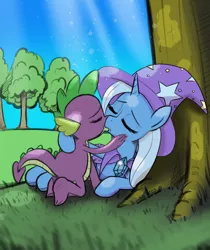 Size: 1500x1787 | Tagged: safe, artist:burning-heart-brony, derpibooru import, spike, trixie, pony, unicorn, cape, clothes, eyes closed, female, grass, hat, kissing, love, male, mare, shipping, sky, spixie, straight, tree, trixie's cape, trixie's hat