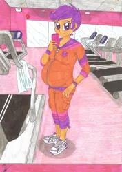 Size: 4945x6982 | Tagged: safe, artist:metaldudepl666, derpibooru import, scootaloo, equestria girls, absurd resolution, belly, big belly, fetish, gym, looking at you, momma scoots, older, phone, pregnant, pregnant equestria girls, pregnant scootaloo