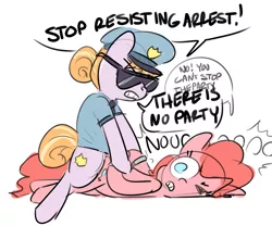 Size: 1273x1061 | Tagged: safe, artist:nobody, derpibooru import, copper top, pinkie pie, earth pony, pony, the gift of the maud pie, arrested, clothes, cuffs, dialogue, female, frown, gritted teeth, hand cuffs, hat, mare, police, police pony, prone, simple background, sunglasses, white background, wide eyes