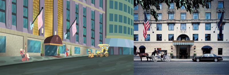 Size: 2192x720 | Tagged: safe, derpibooru import, screencap, beaude mane, rivet, unnamed pony, earth pony, pony, rarity takes manehattan, background pony, carriage, comparison, male, manefair hotel, manehattan, new york, stallion, taxi, taxi pony