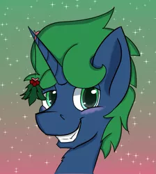 Size: 853x951 | Tagged: artist:swiftsketchpone, blushing, bust, derpibooru import, gradient background, grin, holly, holly mistaken for mistletoe, looking at you, oc, oc:chemical spill, portrait, safe, smiling, solo, sparkles, unofficial characters only