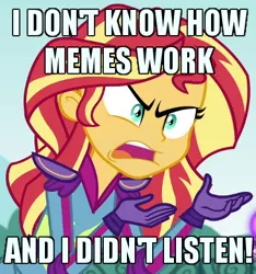 Size: 365x390 | Tagged: safe, derpibooru import, edit, edited screencap, screencap, sunset shimmer, equestria girls, friendship games, angry, caption, crossing the memes, exploitable meme, i didn't listen, image macro, meme, solo, sunset is not willing to learn