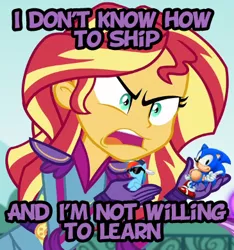Size: 365x390 | Tagged: safe, derpibooru import, edit, edited screencap, screencap, rainbow dash, sunset shimmer, equestria girls, friendship games, angry, caption, crossover, female, glasses, image macro, interspecies, male, meme, shipping, solo, sonic the hedgehog, sonic the hedgehog (series), sonicdash, straight, sunset is not willing to learn