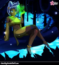 Size: 809x900 | Tagged: animal ears, anklet, artist:clouddg, barefoot, bedroom eyes, bracelet, clothes, derpibooru import, earring, everfree forest, feet, grin, human, humanized, looking at you, magic, piercing, safe, smiling, solo, water, zecora