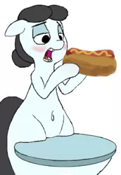Size: 343x498 | Tagged: artist:anontheanon, but why, derpibooru import, eating, food, hot dog, looking at you, meat, not salmon, object pony, oc, oc:kohlette, open mouth, original species, ponified, safe, sausage, simple background, smiling, solo, toilet, toilet pony, unofficial characters only, wat, what has science done