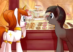 Size: 800x566 | Tagged: safe, artist:yulyeen, derpibooru import, oc, oc:bullet bread, oc:roxy, unofficial characters only, pony, bakery, bread, cake, croissant, donut, duo, female, food, french chocolate bread, male, mare, pastry, stallion, tongue out