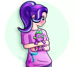 Size: 4500x4000 | Tagged: safe, artist:artartzy, derpibooru import, spike, starlight glimmer, human, blushing, clothes, embarrassed, female, humanized, male, shipping, shirt, solo, sparlight, spike plushie, straight