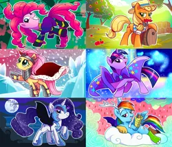 Size: 1200x1026 | Tagged: safe, artist:yulyeen, derpibooru import, applejack, discord, flam, flim, fluttershy, king sombra, mane-iac, nightmare moon, pinkie pie, rainbow dash, rarity, trixie, twilight sparkle, pony, unicorn, accessory swap, antagonist, clothes, costume, female, flim flam brothers, mane six, mare