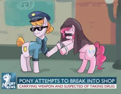 Size: 800x622 | Tagged: arrested, artist:tzc, bad end, censor bar, censored, censored cutie mark, copper top, cuffs, derpibooru import, hand cuffs, mosaic censor, news, pinkie pie, police, police pony, reality ensues, safe, sunglasses, the gift of the maud pie