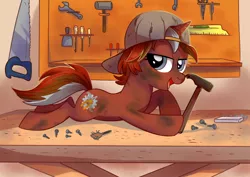 Size: 3507x2480 | Tagged: safe, artist:yulyeen, derpibooru import, oc, oc:rust yards, unofficial characters only, pony, unicorn, backwards ballcap, baseball cap, dexterous hooves, dirty, hammer, hat, lidded eyes, looking at you, lying down, saw, solo, tools, workbench, wrench