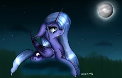 Size: 1066x682 | Tagged: artist:harmony134, cloud, crying, derpibooru import, floppy ears, moon, night, princess luna, prone, sad, safe, solo, stars