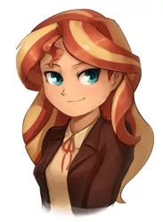 Size: 641x874 | Tagged: safe, artist:audrarius, derpibooru import, sunset shimmer, human, equestria girls, bust, clothes, cute, female, humanized, looking at you, shimmerbetes, simple background, smiling, solo, white background