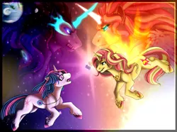 Size: 1600x1190 | Tagged: safe, artist:inushiri, derpibooru import, sci-twi, sunset shimmer, twilight sparkle, ponified, pony, unicorn, equestria girls, friendship games, counterparts, daydream shimmer, equestria girls ponified, fangs, growling, midnight sparkle, realistic horse legs, twilight's counterparts, unshorn fetlocks