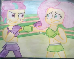 Size: 1024x823 | Tagged: safe, artist:toyminator900, derpibooru import, fluttershy, sour sweet, equestria girls, friendship games, spoiler:the accompanied, belly button, boxing, clothes, exeron fighters, fingerless gloves, gloves, martial arts, midriff, skirt, sports bra