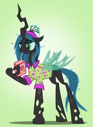 Size: 806x1100 | Tagged: artist:pixelkitties, changeling, changeling queen, clothes, derpibooru import, female, food, headband, juice, juice box, messy mane, queen chrysalis, safe, shirt, simple background, solo