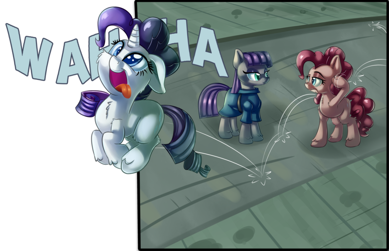 Size: 4000x2590 | Tagged: safe, artist:discorded, derpibooru import, maud pie, pinkie pie, rarity, pony, the gift of the maud pie, absurd resolution, behaving like pinkie pie, breaking the fourth wall, cross-eyed, cute, eye contact, floppy ears, fluffy, hypocritical humor, open mouth, pronking, raised eyebrow, rarara, role reversal, silly, silly pony, smiling, tongue out, wahaha