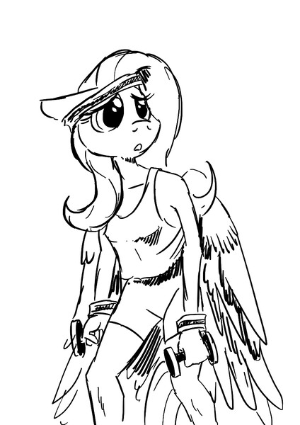 Size: 826x1169 | Tagged: safe, artist:darkhestur, derpibooru import, fluttershy, anthro, pegasus, clothes, exercise, female, floppy ears, frown, headband, image, jpeg, monochrome, simple background, sketch, solo, tired, weights, white background, workout outfit