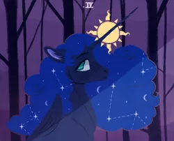 Size: 1500x1210 | Tagged: safe, artist:kapusha-blr, derpibooru import, princess luna, alicorn, pony, colored ears, constellation, cute, ear fluff, ethereal mane, galaxy mane, lunabetes, moon, profile, roman numerals, solo, starry mane, sun, tree