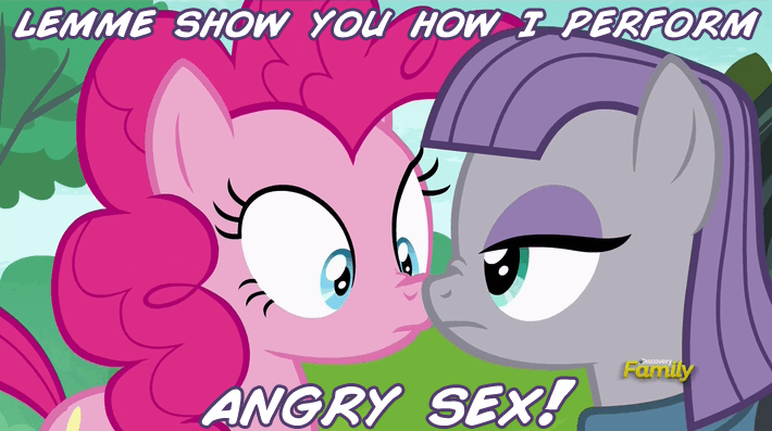 Size: 710x397 | Tagged: angry sex, caption, derpibooru import, edit, edited screencap, eye contact, female, frown, image macro, implied incest, implied sex, lesbian, maud pie, meme, pinkie pie, screencap, suggestive, the gift of the maud pie