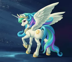 Size: 1200x1043 | Tagged: dead source, safe, artist:maggwai, derpibooru import, princess celestia, alicorn, pony, crown, female, horseshoes, jewelry, looking at you, looking back, mare, peytral, plot, raised hoof, regalia, smiling, solo, spread wings, sunbutt, unshorn fetlocks