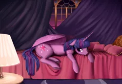 Size: 2410x1661 | Tagged: safe, artist:lunebat, derpibooru import, twilight sparkle, twilight sparkle (alicorn), alicorn, pony, bedroom, blanket, cute, female, floppy ears, lamp, mare, pillow, prone, solo, stars, sunset, twiabetes, twilight (astronomy), window