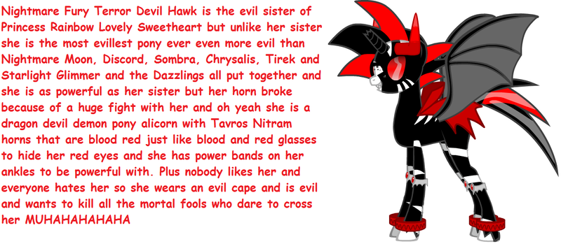 Size: 1322x594 | Tagged: safe, derpibooru import, oc, oc:nightmare fury terror devil hawk, unofficial characters only, alicorn, bat pony, bat pony alicorn, pony, pony creator, alicorn oc, bat wings, broken horn, comic sans, department of redundancy department, donut steel, edgy, evil, evil laugh, intentionally bad, joke oc, original character do not steal, parody, parody fail, profile, red and black oc, shaped like itself, text