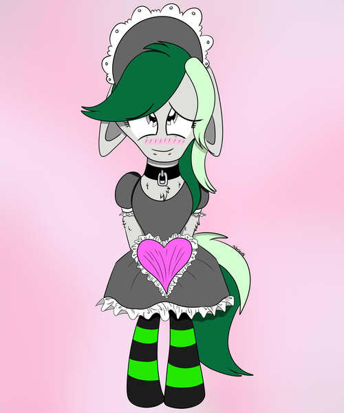 Size: 2500x3000 | Tagged: artist:theartistsora, blushing, clothes, cute, derpibooru import, floppy ears, maid, oc, oc:emerald tear, suggestive, unofficial characters only