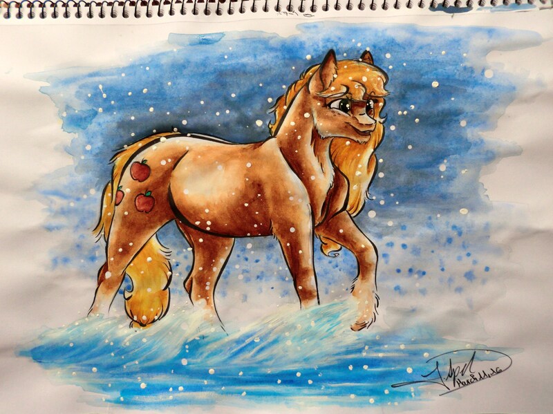 Size: 4316x3234 | Tagged: applejack, artist:artmadebyred, chest fluff, derpibooru import, fluffy, safe, snow, snowfall, solo, traditional art, watercolor painting