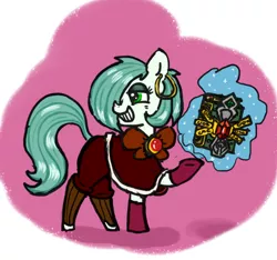 Size: 640x600 | Tagged: suggestive, alternate version, artist:ficficponyfic, color edit, derpibooru import, edit, oc, oc:emerald jewel, unofficial characters only, earth pony, pony, colt quest, adult, alternate color palette, alternate costumes, alternate hairstyle, alternate timeline, alternate universe, amulet, androgynous, aura, bedroom eyes, book, bowtie, clothes, color, colored, earring, eyeshadow, femboy, future, gem, gloves, gold, grin, hair over one eye, leggings, levitation, lust, mage, magic, makeup, male, mantle, pants, piercing, possible spoilers, preview, seductive, solo, spellbook, stallion, sultry, sultry pose, telekinesis, trap