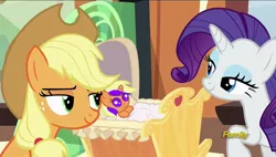 Size: 640x363 | Tagged: safe, artist:felinefluff, derpibooru import, edit, edited screencap, screencap, applejack, rarity, the crystalling, baby, bedroom eyes, female, lesbian, magical lesbian spawn, offspring, parent:applejack, parent:rarity, parents:rarijack, rarijack, shipping